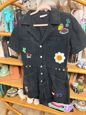 Woven Short Sleeve Patchwork Romper - Black